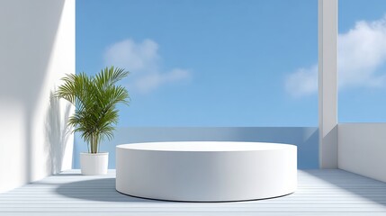 White round table with a potted plant on it sits on a wooden deck. The table is empty, but the plant adds a touch of greenery to the space. The deck overlooks the ocean, creating a serene