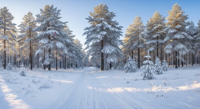Serene winter landscape with snow-covered trees in forest