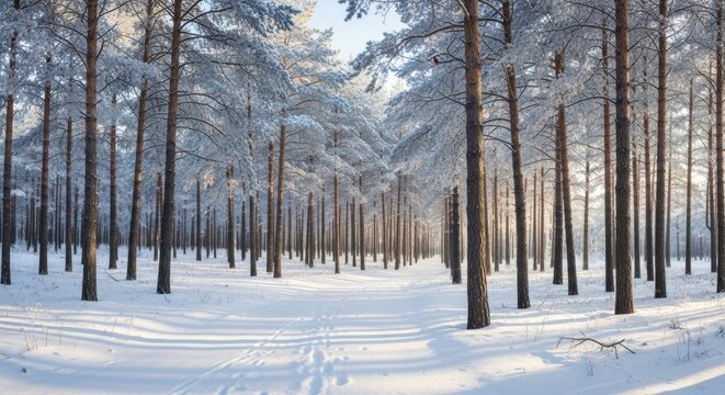 Serene snow-covered pine forest under gentle sunlight - Powered by Adobe