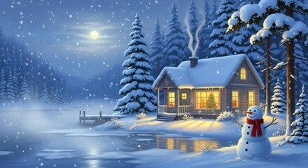 Cozy cabin in snowy winter forest with snowman by the lake under moonlight
