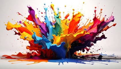 A vibrant, dynamic explosion of colorful liquid droplets erupting from a central point, showcasing a spectrum of hues against a white backdrop