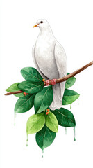 Obraz premium Serene watercolor of white dove perched on branch surrounded by green leaves, symbolizing peace and tranquility