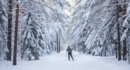 Solitary cross-country skier exploring snowy forest trail in winter wonderland