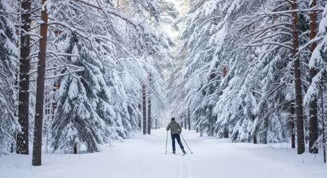 Solitary cross-country skier exploring snowy forest trail in winter wonderland