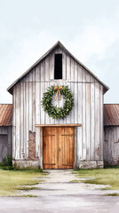 Rustic watercolor of old barn adorned with festive wreath, evoking warm and inviting atmosphere