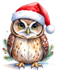 Festive owl wearing Santa hat watercolor cute illustration, isolated on white background