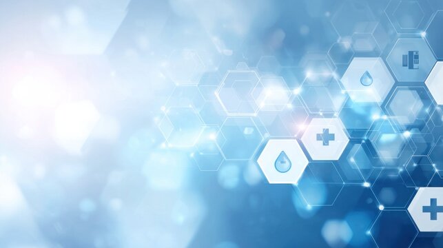 A futuristic, blue-toned digital background featuring hexagonal patterns, symbols of health, and technology, suggesting themes of innovation and science.