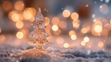 Glass christmas tree on snowy surface with bokeh lights background - Powered by Adobe
