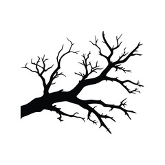 Creepy silhouette of a bare tree branch against a stark white background, dead oak branch silhouette vector illustration
