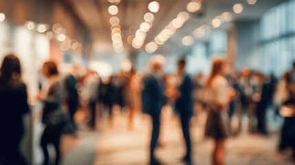 A blurred image capturing people interacting in a busy conference setting with warm bokeh lighting.
