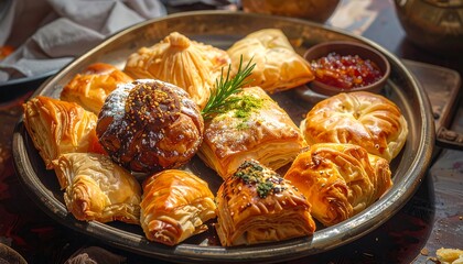 A close-up shot of a diverse selection of baked pastries artfully arranged on a round, rustic metal tray