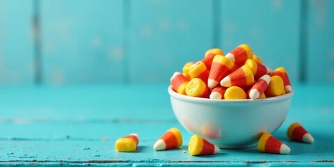 Naklejka premium A bowl of sweet candy corn treats rests on a teal wooden surface, surrounded by additional candies.