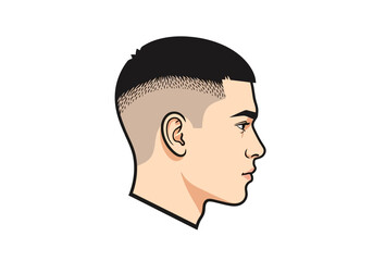 Mans head in profile with a short fade haircut is depicted in an illustration