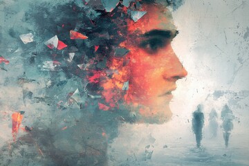 PTSD conceptual painting of a person's face shattering into pieces,blue and red colors, scene of distant, unrecognizable figures representing past trauma