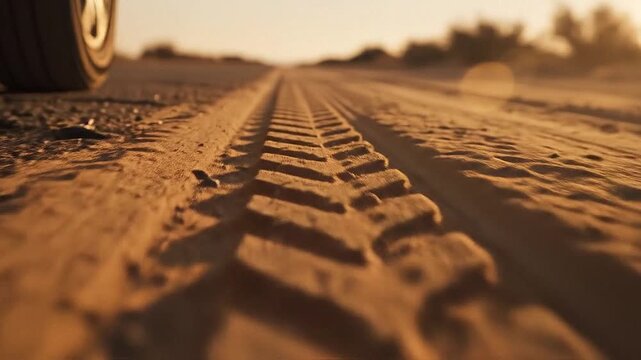 Close-up of a tire tread mark in dust on an empty road.