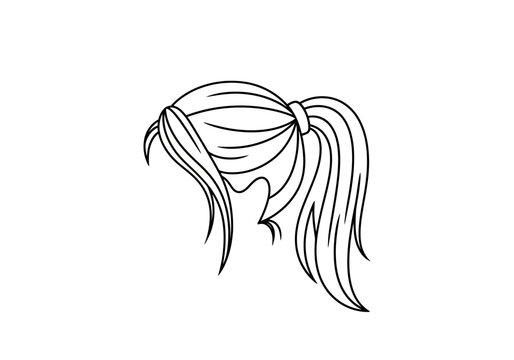 Line drawing of hair styled into a ponytail with bangs
