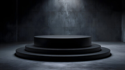 Dark concrete three-tier podium reflects light; it's a minimal stage for product photography or branding.
