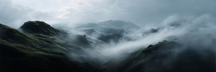 Fototapeta premium Enchanting Mist: A Serene ista of Hills Shrouded in thereal Fog Creating a Mysical Dreamscape