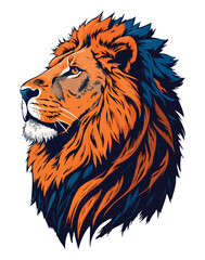 Majestic Vibrant Lion Portrait with Fiery Orange and Deep Blue Mane Illustration.