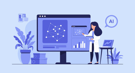 AI Scientist Presenting Data Analysis on Large Computer Screen with Laptop