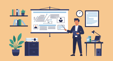 Animated Businessman Presenting Data on a Projection Screen with Office Elements