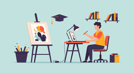 Artists Workspace with Painting Laptop and Graduation Cap Illustration