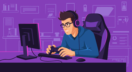 Enthusiastic Gamer Focused on Controller with Headphones in Gaming Setup