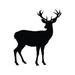 Elegant silhouette of a stag with majestic antlers standing in profile view, deer looking back silhouette vector illustration