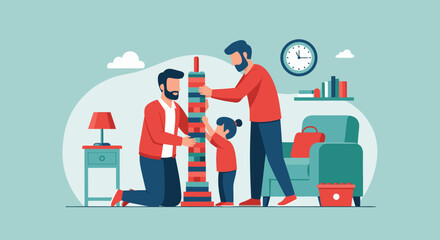Family Building a Tower of Blocks Together in a Cozy Living Room