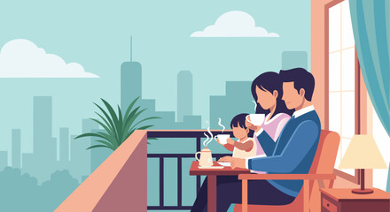 Family enjoying coffee on a balcony overlooking a city skyline