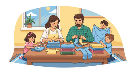 Family Folding Laundry Together Creating a Cozy and Organized Home Environment