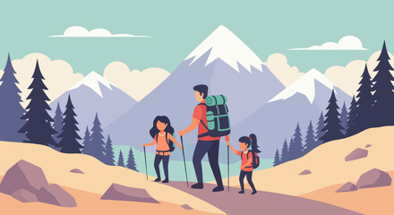 Family Hiking Adventure with Backpacks and Trekking Poles in Mountainous Landscape