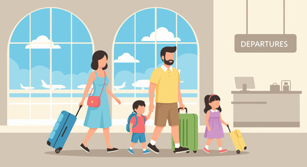 Family of Four Walking Through Airport Towards Departures with Luggage