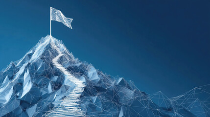 Abstract mountain with a path to the top. Way to goal in digital futuristic style on a blue technology background.  illustration of success achievement concept.