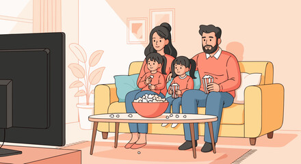 Family Watching Television Together Enjoying Popcorn and Quality Time