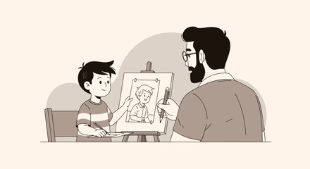 Father and Son Artistic Collaboration Sketching a Portrait Together