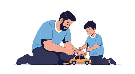 Father and Son Repairing Toy Car Together Sharing Joyful Moments
