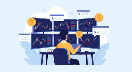 Financial Analyst Monitoring Stock Market Trends on Multiple Computer Screens with Dollar Symbols