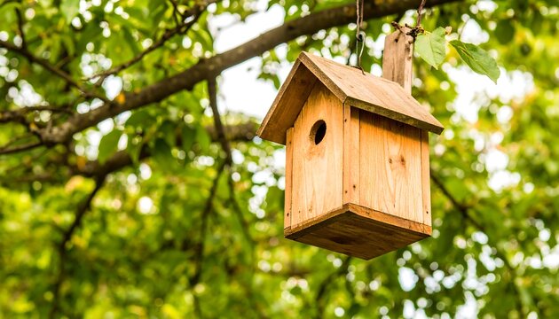 Wooden birdhouse hanging in a tree