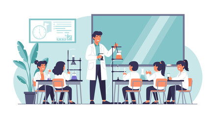 Science Class Teacher Demonstrating Experiments to Students in a Laboratory Setting
