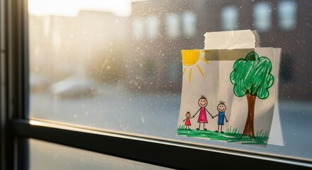 Child's colorful drawing on window depicts happy family and tree in sunlight