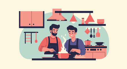 Two Men Cooking Together in a Modern Kitchen Preparing Food