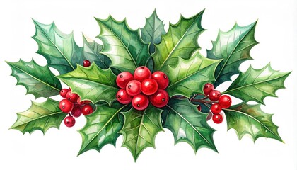 Obraz premium Festive holly ornament illustration watercolor illustration, isolated on white background