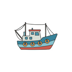 Fototapeta premium Illustration of a blue and red fishing boat with life preservers, rigging, and a cabin, isolated on a white background.