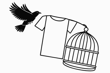 Fototapeta premium Bird flying out of open cage — freedom concept, simple black line art t-shirt vector