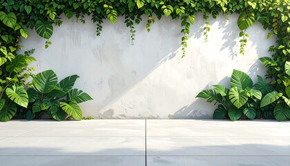 A sunlit, plain white wall with lush green foliage, hanging vines, and potted plants, resting on a white patio