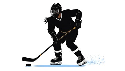 Silhouette of a female hockey player in black gear, skating towards the viewer while handling a puck with a stick