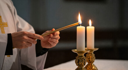 Priest lighting Christmas altar candles with a golden holder  