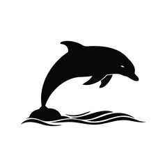 Black silhouette illustration of a dolphin jumping from the ocean waves, dolphin breaching surface silhouette vector illustration