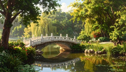 Serene landscape depicts a stone bridge arching over a tranquil lake, surrounded by lush trees and vibrant flora under sunlight